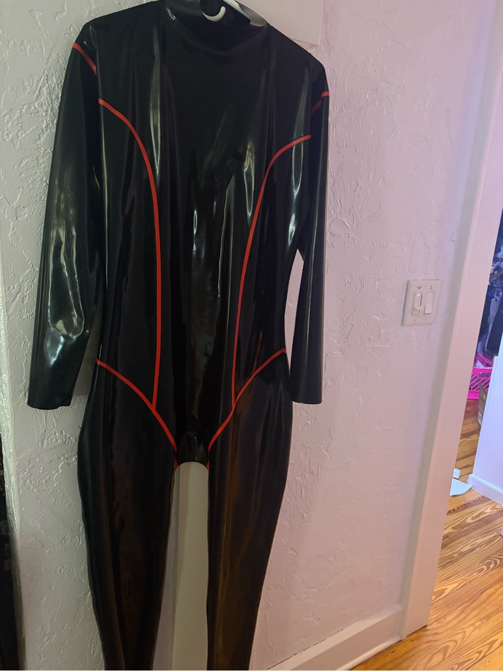 Glossy Black Latex Catsuit with Red Piping